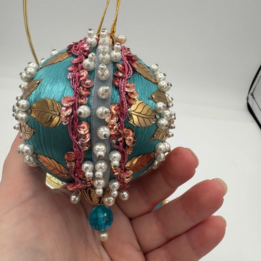 Vintage Teal Satin Beaded Christmas Ornaments Faux Pearl Gold Leaf Set of 2